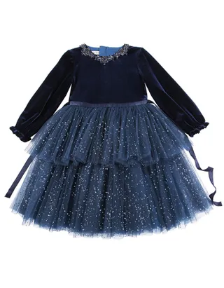 ALLOVIN Toddler Girls Round Neck Velvet Tulle Dress