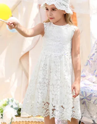 ALLOVIN Toddler Girl A-Line Wedding Lace Dress White