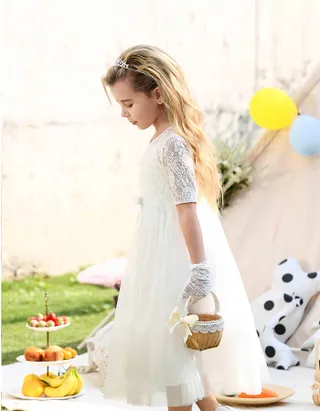 ALLOVIN Toddler Girl A-Line 3/4 Sleeve Formal Wedding Lace Dress