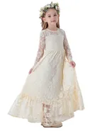 ALLOVIN Girl's Long Sleeve A-Line Lace Maxi Dress Backless Ruffle Hem Flower Girl Party Dress