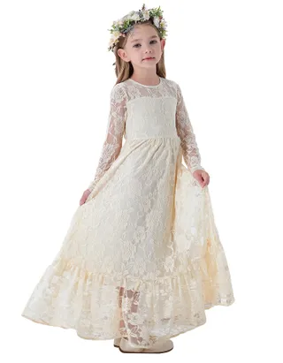 ALLOVIN Girl's Long Sleeve A-Line Lace Maxi Dress Backless Ruffle Hem Flower Girl Party Dress