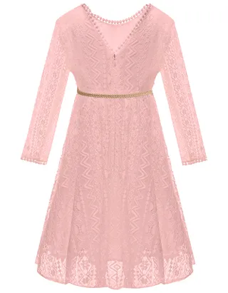 ALLOVIN Toddler Girl's Vintage Boho A-Line Lace Dress with Belt Kids Pom Pom Trim Birthday Party Dress