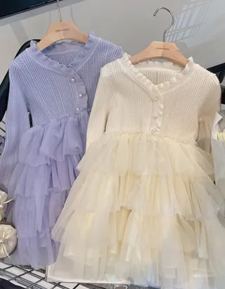 ALLOVIN Textured Knit & Tulle Dress