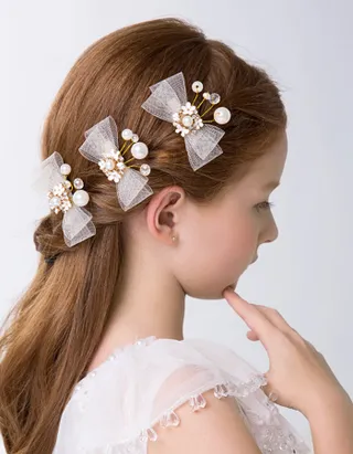 Allovin Faux Pearl Decor Bow Design Wedding Hair Clip Pack-3