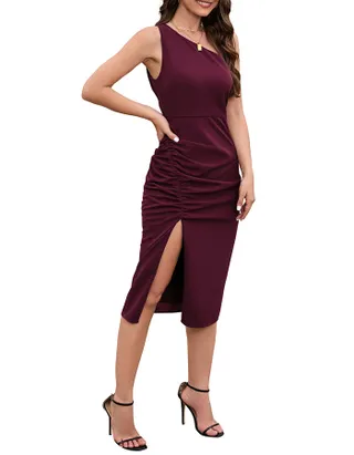 ALLOVIN Women's One Shoulder Ruched High Waist Split Dress Sexy Back Hollow Out Bodycon Party Dress
