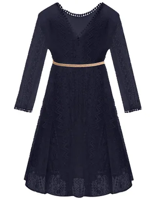 ALLOVIN Toddler Girl's Vintage Boho A-Line Lace Dress with Belt Kids Pom Pom Trim Birthday Party Dress