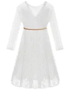 ALLOVIN Toddler Girl's Vintage Boho A-Line Lace Dress with Belt Kids Pom Pom Trim Birthday Party Dress