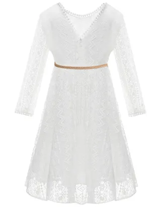 ALLOVIN Toddler Girl's Vintage Boho A-Line Lace Dress with Belt Kids Pom Pom Trim Birthday Party Dress