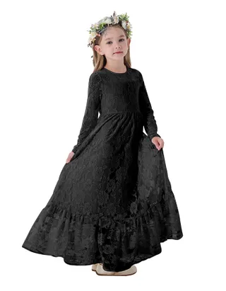 ALLOVIN Girl's Long Sleeve A-Line Lace Maxi Dress Backless Ruffle Hem Flower Girl Party Dress