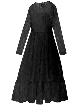 ALLOVIN Girls Long Sleeve A-Line Lace Maxi Dress Backless Ruffle Hem Flower Girl Party Dress