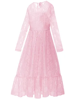 ALLOVIN Girls Long Sleeve A-Line Lace Maxi Dress Backless Ruffle Hem Flower Girl Party Dress Pink
