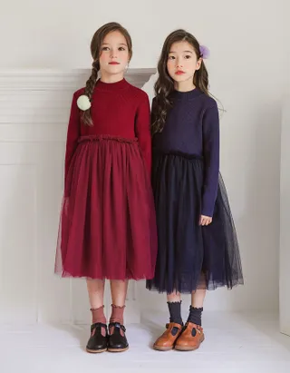 ALLOVIN Toddler Girls Textured Knit & Tulle Dress
