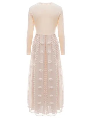 ALLOVIN Women's Long Sleeve Hollow Out Boho Maxi Dress Flowy Casual Long Tulle Dress with Pockets