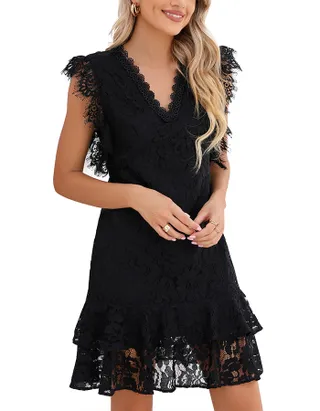 ALLOVIN Women's Elegant V Neck Ruffle Hem Floral Lace Cocktail Dress Sleeveless Wedding Guest Party Dress Black
