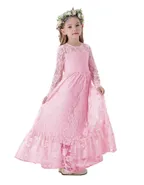 ALLOVIN Girl's Long Sleeve A-Line Lace Maxi Dress Backless Ruffle Hem Flower Girl Party Dress
