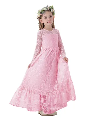 ALLOVIN Girl's Long Sleeve A-Line Lace Maxi Dress Backless Ruffle Hem Flower Girl Party Dress