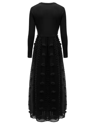 ALLOVIN Women's Long Sleeve Hollow Out Boho Maxi Dress Flowy Casual Long Tulle Dress with Pockets