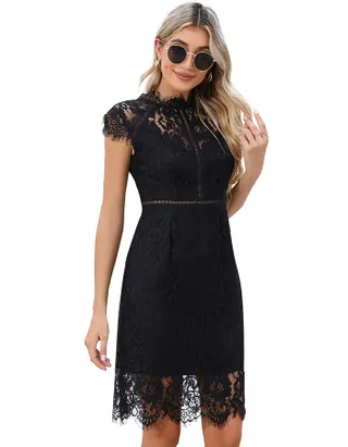 ALLOVIN Women's Sleeveless V-Back Floral Lace Cocktail Party Dress Elegant Knee Length Wedding Guest Dress Black