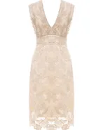 ALLOVIN Women's Sleeveless V Neck Floral Lace Cocktail Dress Knee Length Elegant Formal Party Dress Champagne