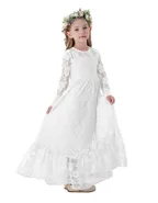 ALLOVIN Girl's Long Sleeve A-Line Lace Maxi Dress Backless Ruffle Hem Flower Girl Party Dress