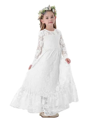 ALLOVIN Girl's Long Sleeve A-Line Lace Maxi Dress Backless Ruffle Hem Flower Girl Party Dress