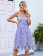 ALLOVIN Women's V Neck Spaghetti Strap Floral Lace Cocktail Dress Sexy Backless Sleeveless A Line Party Dress Light Purple