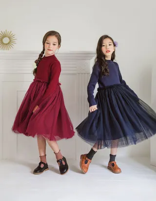 ALLOVIN Toddler Girls Textured Knit & Tulle Dress
