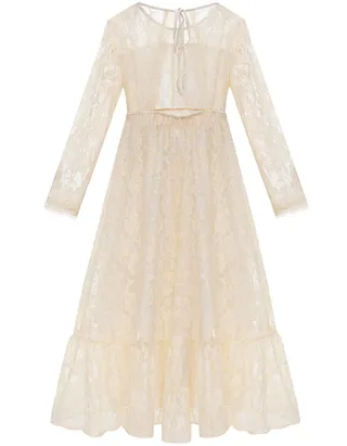 ALLOVIN Girls Long Sleeve A-Line Lace Maxi Dress Backless Ruffle Hem Flower Girl Party Dress