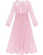 ALLOVIN Girls Long Sleeve A-Line Lace Maxi Dress Backless Ruffle Hem Flower Girl Party Dress Pink