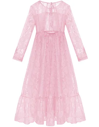 ALLOVIN Girls Long Sleeve A-Line Lace Maxi Dress Backless Ruffle Hem Flower Girl Party Dress Pink