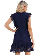 ALLOVIN Women's Elegant V Neck Ruffle Hem Floral Lace Cocktail Dress Sleeveless Wedding Guest Party Dress Navy Blue