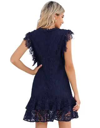 ALLOVIN Women's Elegant V Neck Ruffle Hem Floral Lace Cocktail Dress Sleeveless Wedding Guest Party Dress Navy Blue