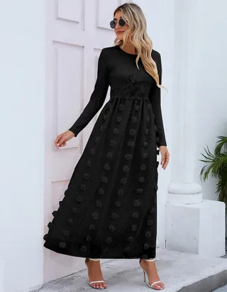 ALLOVIN Women's Long Sleeve Hollow Out Boho Maxi Dress Flowy Casual Long Tulle Dress with Pockets