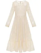 ALLOVIN Girl's Long Sleeve A-Line Lace Maxi Dress Backless Ruffle Hem Flower Girl Party Dress