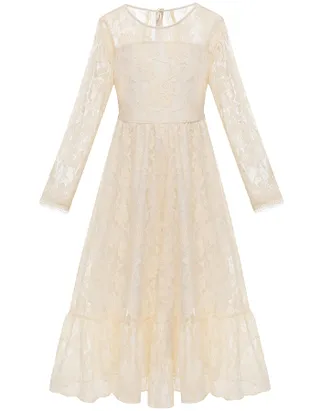 ALLOVIN Girl's Long Sleeve A-Line Lace Maxi Dress Backless Ruffle Hem Flower Girl Party Dress