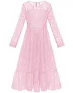ALLOVIN Girl's Long Sleeve A-Line Lace Maxi Dress Backless Ruffle Hem Flower Girl Party Dress