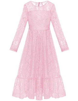 ALLOVIN Girl's Long Sleeve A-Line Lace Maxi Dress Backless Ruffle Hem Flower Girl Party Dress