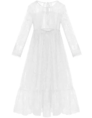 ALLOVIN Girls Long Sleeve A-Line Lace Maxi Dress Backless Ruffle Hem Flower Girl Party Dress