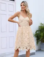 ALLOVIN Women's V Neck Spaghetti Strap Floral Lace Cocktail Dress Sexy Backless Sleeveless A Line Party Dress Champagne