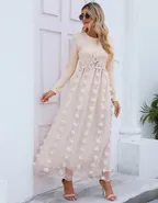 ALLOVIN Women's Long Sleeve Hollow Out Boho Maxi Dress Flowy Casual Long Tulle Dress with Pockets