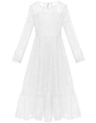 ALLOVIN Girl's Long Sleeve A-Line Lace Maxi Dress Backless Ruffle Hem Flower Girl Party Dress