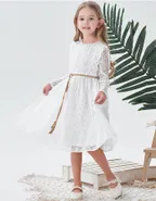 ALLOVIN Toddler Girl's Vintage Boho A-Line Lace Dress with Belt Kids Pom Pom Trim Birthday Party Dress