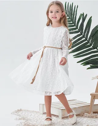 ALLOVIN Toddler Girl's Vintage Boho A-Line Lace Dress with Belt Kids Pom Pom Trim Birthday Party Dress