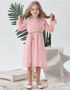 ALLOVIN Toddler Girl's Vintage Boho A-Line Lace Dress with Belt Kids Pom Pom Trim Birthday Party Dress