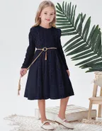 ALLOVIN Toddler Girl's Vintage Boho A-Line Lace Dress with Belt Kids Pom Pom Trim Birthday Party Dress