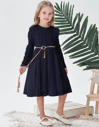 ALLOVIN Toddler Girl's Vintage Boho A-Line Lace Dress with Belt Kids Pom Pom Trim Birthday Party Dress