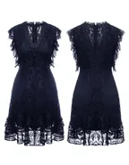 ALLOVIN Women's Elegant V Neck Ruffle Hem Floral Lace Cocktail Dress Sleeveless Wedding Guest Party Dress Navy Blue