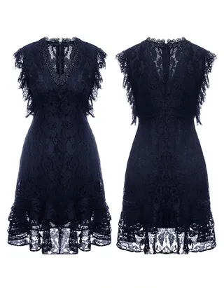 ALLOVIN Women's Elegant V Neck Ruffle Hem Floral Lace Cocktail Dress Sleeveless Wedding Guest Party Dress Navy Blue