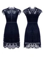 ALLOVIN Women's Sleeveless V-Back Floral Lace Cocktail Party Dress Elegant Knee Length Wedding Guest Dress Navy Blue