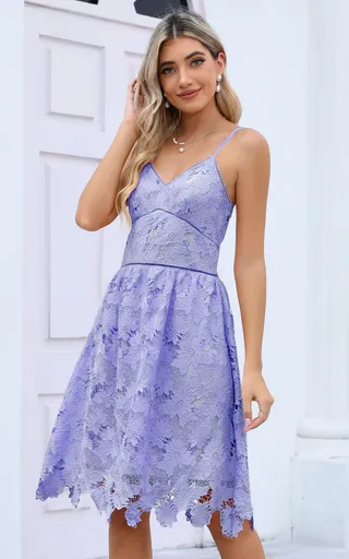 ALLOVIN Women's V Neck Spaghetti Strap Floral Lace Cocktail Dress Sexy Backless Sleeveless A Line Party Dress Light Purple